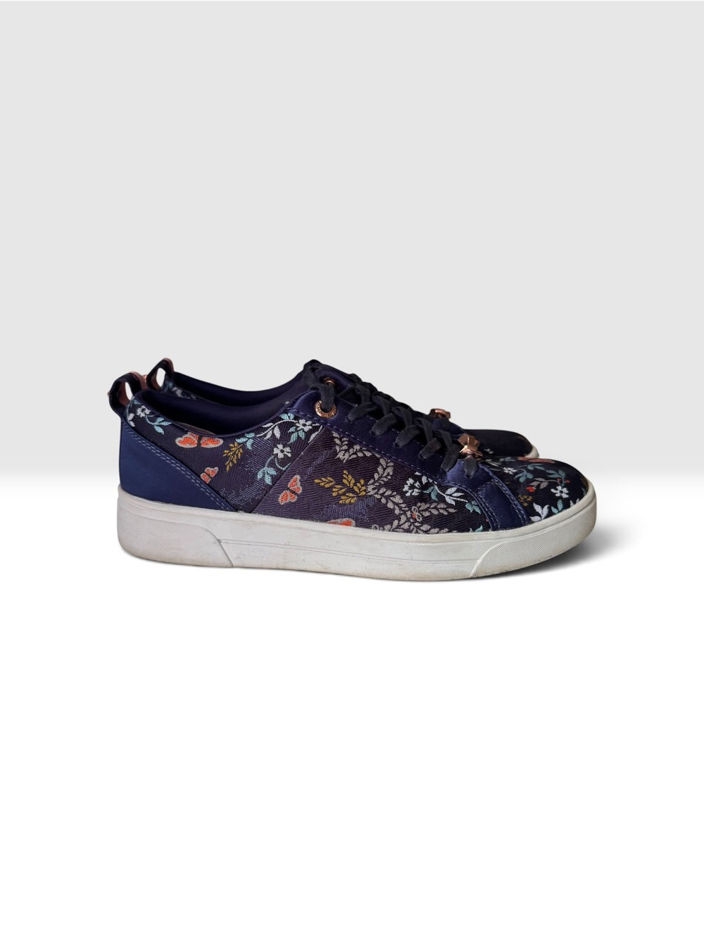 Ted Baker Navy Floral Lace-Up Women's Sneakers with Rose-Gold Accents - Picture 2 of 6